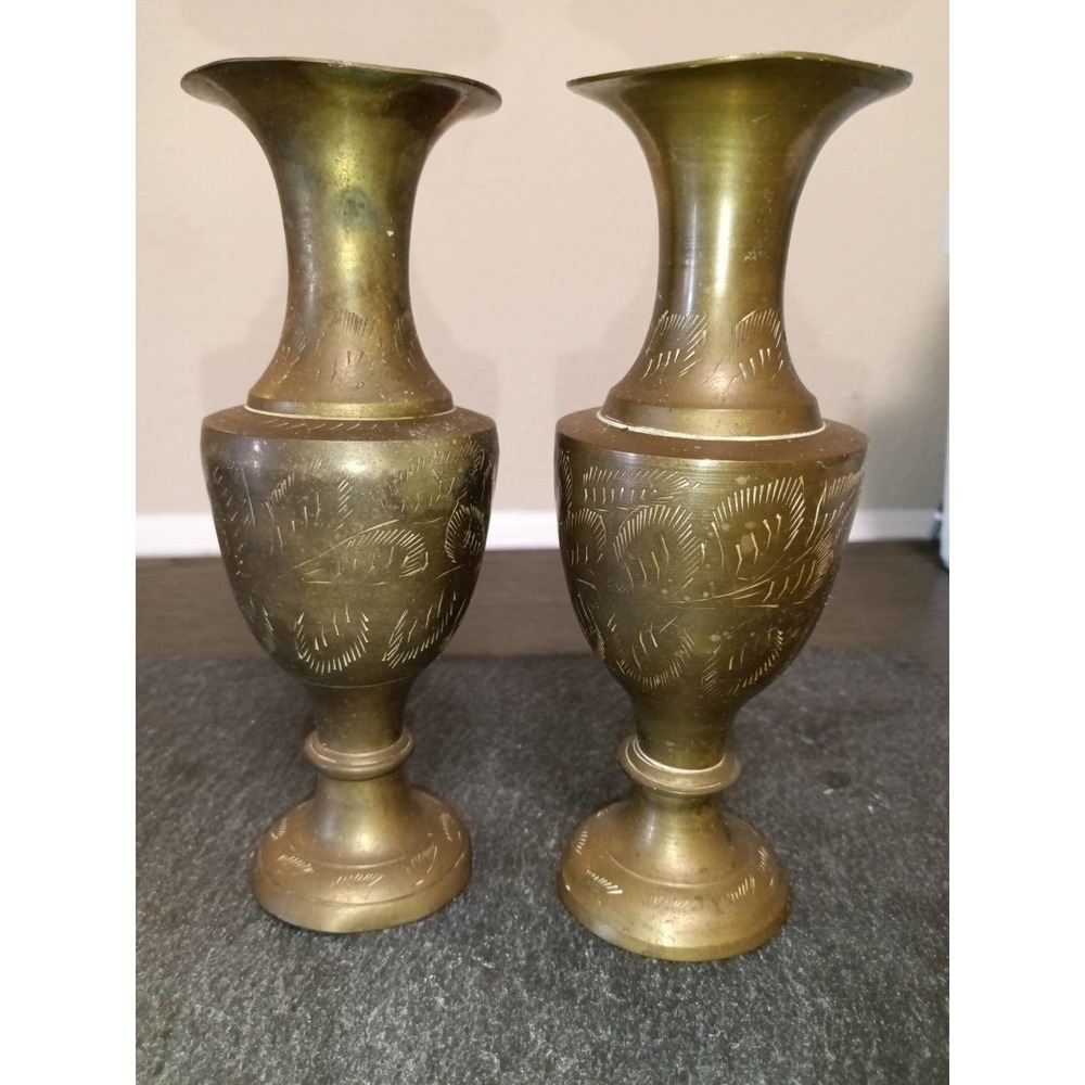 2 Vintage Sarna Etched Brass Vases From India